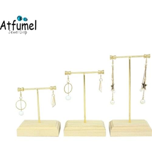 Gold Metal Earring Holder Wood Ring Jewelry Display Organizer Hanging Rack Pendant Showing Stand Bracelet Storage T Bar