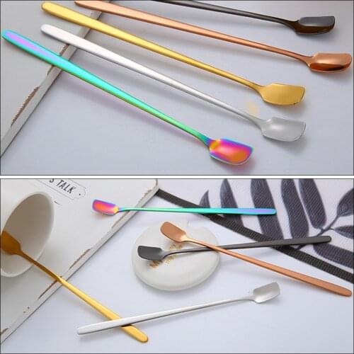 1Pc Stainless Steel Long Handle Colorful Coffee Tea Spoon Stirring Spoons Square Head Spoon Bar Kitchen Dining Accessories Tool