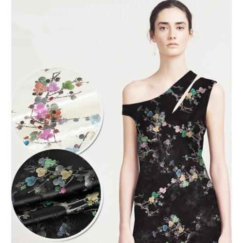 118CM Wide 19MM Small Floral Jacquard Print Stretch Black White Silk Satin Fabric Good for Summer Dress Skirt Shirt Pants JH203