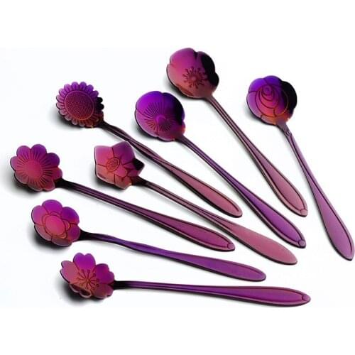 5pcs Purple Gold-plated Stainless Steel Cherry Spoon Rose Shaped Purple Gold Coffee Spoon Mixing Spoon