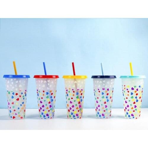 5pcs Plastic Color Coffee Mug Color Changing Cup Water Temperature Sensing Color Changing Straw Cup Kitchen Dining Supplies