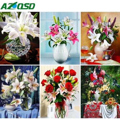 AZQSD Diamond Painting Lily Rose Flowers Full Square/round Drill Diamond Embroidery Vase Mosaic Home Decor Cross Stitch Kits