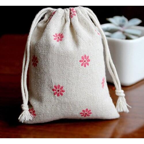 Pink Daisy Linen Gift Bags 8x10cm 9x12cm 10x15cm Makeup Candy Sack Jewelry Jute Packaging Pouches