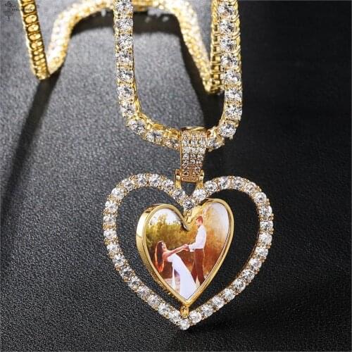 Custom Photo Frame Memory Medallions Men Women Lovers Heart Pendants Necklace Stone Bling Iced Out Hip Hop Rapper Jewelry Gift