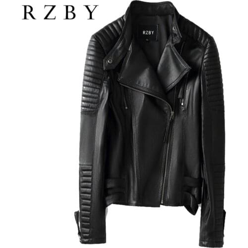 Sheepskin Loose Women Casual Biker Jackets Outwear Female Tops BF Style Black And Red Real Genuine Leather Coat RZBY235