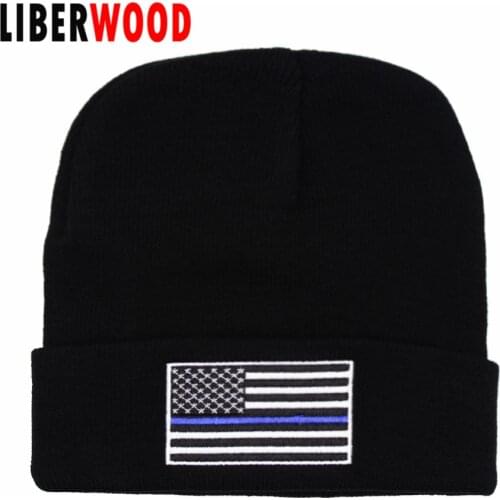 LIBERWOOD Thin blue/ red line beanie men women winter hat skull USA flag fire fighter beanies Support Police Law Enforcement