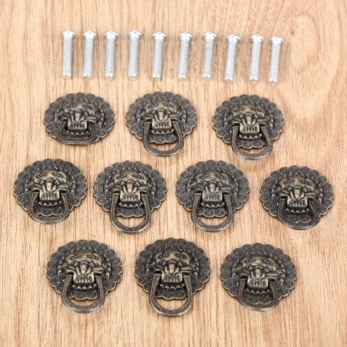 10Pcs Furniture Handles Beast for Lion Head Antique Alloy Handle Wardrobe Drawer Door Pull Retro Decoration With Screw 29*37mm