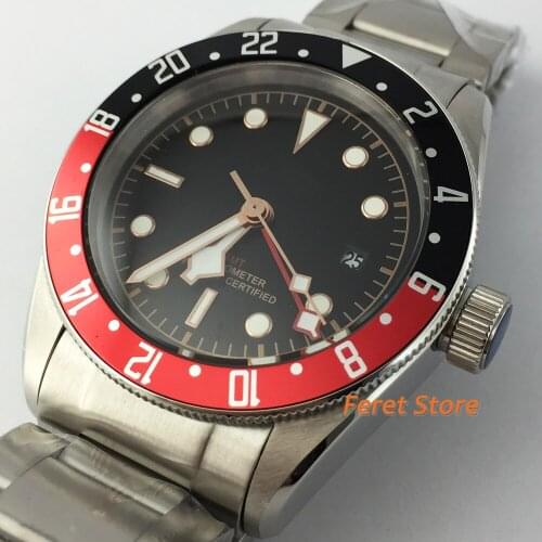 41MM Men GMT Watch Sapphire Sterile Black And Red Bezel sterile Dial Mechanical Automatic Sport Calendar Clock 316L Steel Belt