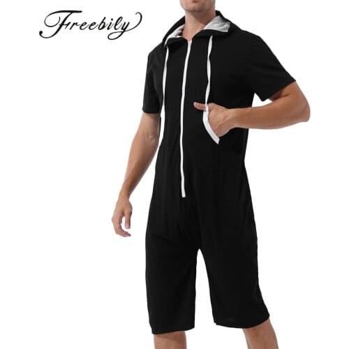 Men Hooded Jumpsuit Pajamas Short Sleeve Zip Comfy Rompers Bodysuit Sleepwear with Pockets