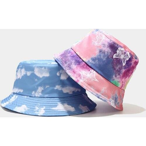 Women Men Fire Butterfly Tie Dye Cloud Dragon Graffiti Print Bucket Hat Harajuku Hip Hop Wide Brim Sunscreen Fisherman Cap