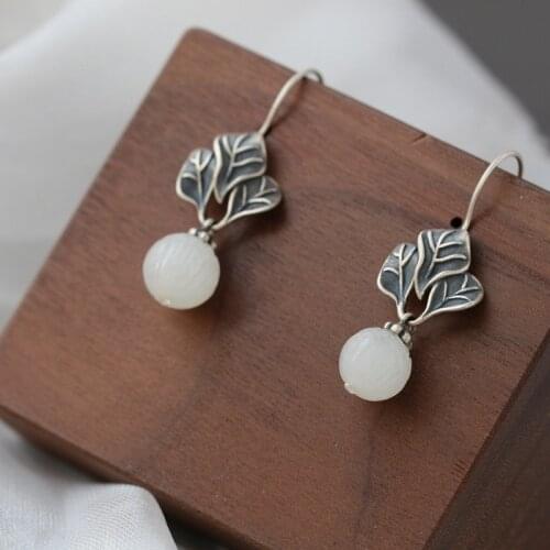Authentic 925 Sterling Silver Earring Inlaid Natural White Jade Lady Retro Charm National Style Long Eardrop Silver Jewelry