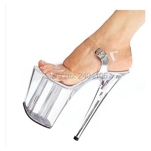Nightclub Women Transparent Clear Sandals Buckle Strap 20CM Perspex High Heel 9CM Platform Crystal Dancing Shoes