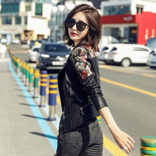 Women Floral Print Embroidery Faux Leather Jacket Coat Turn-down Collar Short Casual PU Motorcycle Black Punk Outerwear Y512
