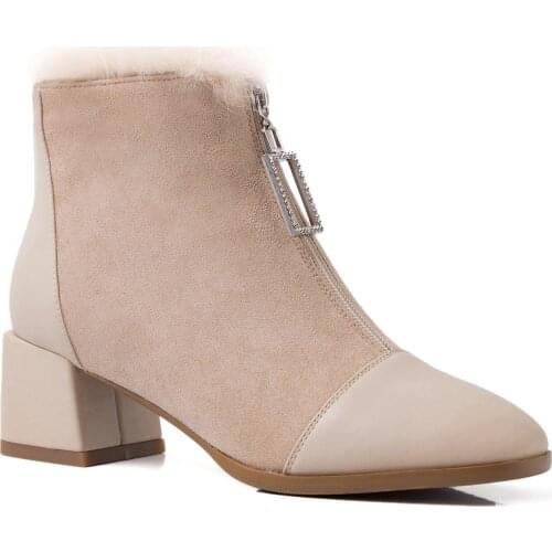 Women Boots Ankle Short Snow Boots Square Heels Winter Plush Booties Woman 2019 Zipper Women Boots Black Beige