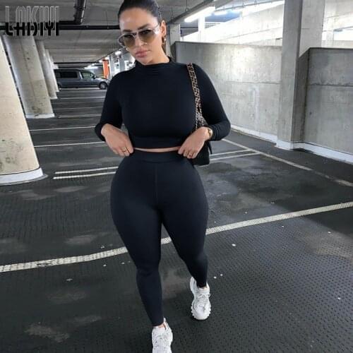 LAISIYI Solid Two Piece Sets Women 2021 Tracksuits High Waist Stretchy Sportswear Crop Tops+Leggings Solid Matching Outfits