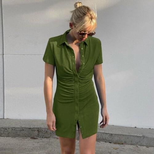 Women Summer Short Sleeve Ruched Dress Stylish Buttons Solid Color Bodycon Slim Mini Dress for Ladies Female Green/Blue/Rose Red