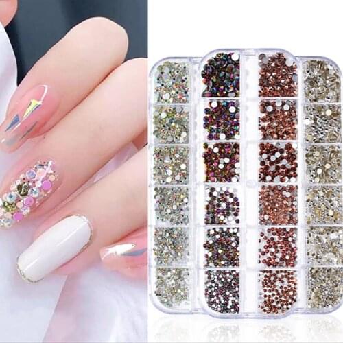 ANYLADY 12 Grids/Box Nails Rhinestone Mixed Size 1440pcs Nail Art Decoration Crystal Diamond 3D Nail Gems