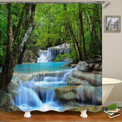 3d Printing Green Forest Waterfall Shower Curtains Waterproof Bathroom Curtain with Hooks Bath Curtain 180*200 Polyester Fabric