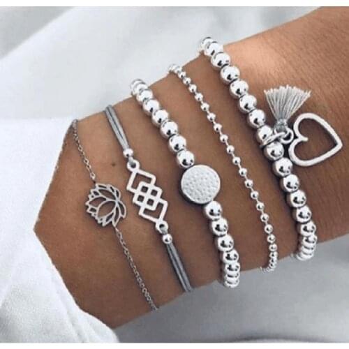 5pcs/set Fashion Women Bracelet Bead String Hand String Heart-shaped Silver Hand Ornament Lady Jewelry