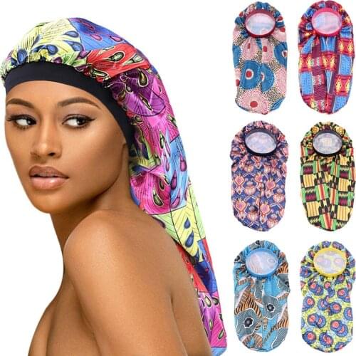 Floral Pattern Print Satin Sleep Cap Silk Soft Elastic Long African Bonnet for Women Long Hair Care Natural Curly Cover Headwear