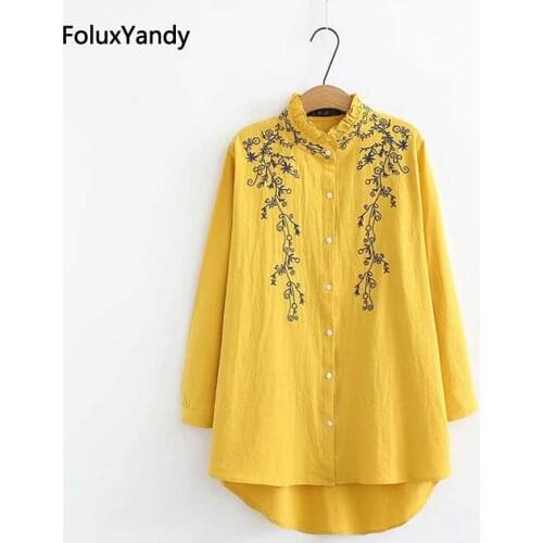 Stand Collar Casual Blouses Plus Size 3 4 XL Women Cotton and Linen Floral Embroidery Ruffles Long Sleeve Blouse Shirt SWM1017