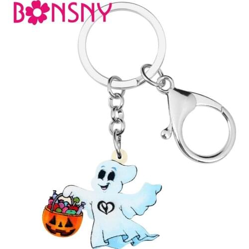 Bonsny Acrylic Halloween Anime Ghost Pumpkin Candy Basket Key chains Key Rings Bag Car Purse Keychains Lady Girl Decoration Gift