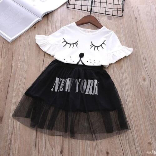 2019 Kids Clothes Print Smiley T-Shirt + Fashion Mesh Skirt 2PCS For Girls High Quality Skirt Set Summer Fit Girls