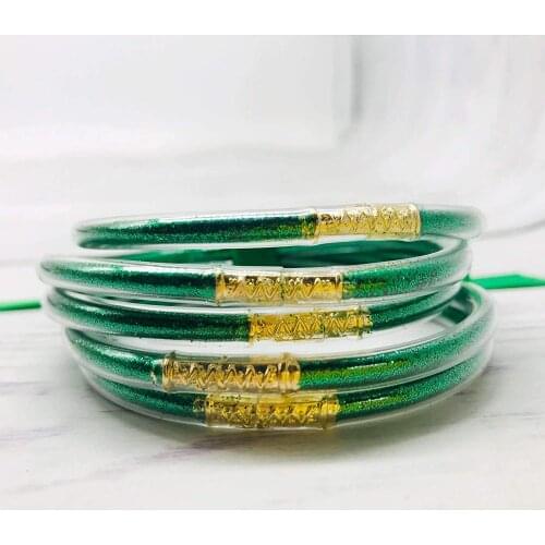 Green Glitter Jelly Bangle Bracelet Set - Gold Powder Lining Fashion Jewelry - Lightweight Cute Bracelets for Women Girl