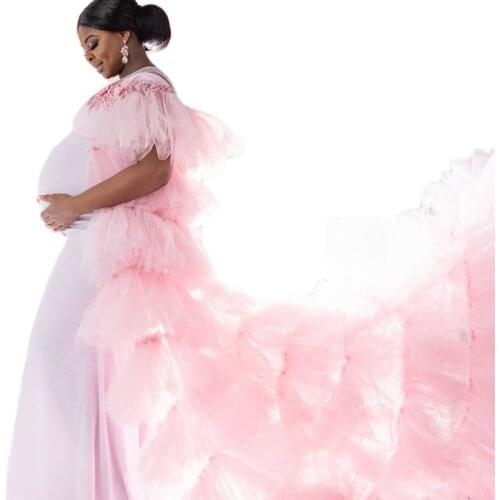 Pretty Pink Maternity Dresses 1 PC Tiered Skirts Ruffled Maternity Gown for Photoshoot Lingerie Bathrobe Nightwear Baby Shower