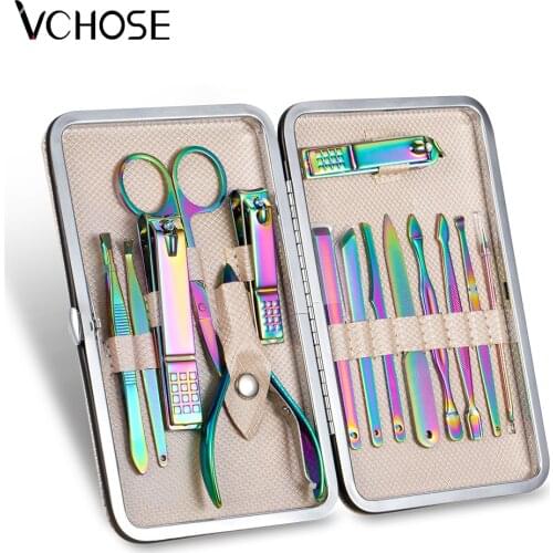 Rainbow Stainless Manicure Tool Set With Nail Clipper File Scissors Ear Spoon Cutter Tools Pedicure Kit Nail Clippers Set Makeup