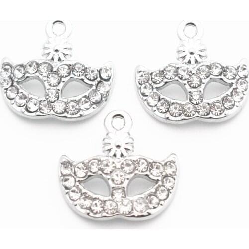 Hot Sale 20pcs/lot Metal Party Mask Crystal Dangle Charms Silver Lobster Clasp Charms For Women Brecelet Necklace DIY Jewelry