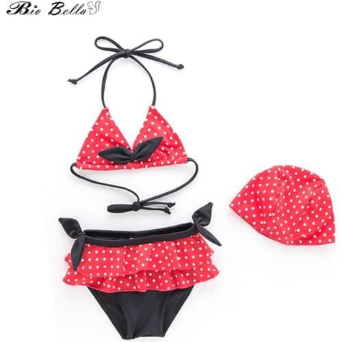 Lovely Cute Girls Swimwear Bikini Set Tops+Cap+Pants 3Pcs Kids Children Girls Swimsuit Baby Girls Swimwear 2-6Years Clothing