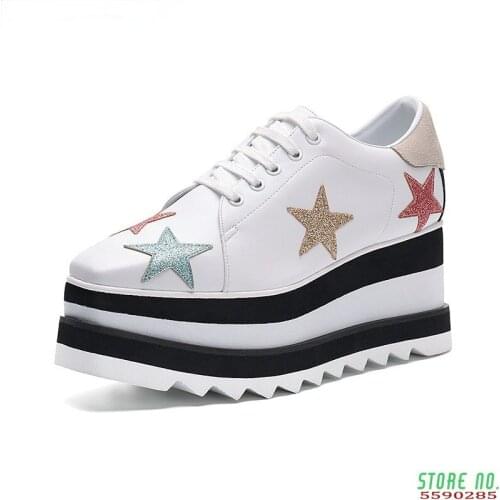 Mix Color Sole Height Increasing Star Rivet Casual Shoes Classic Platform Rose Gold Shoes Square Toe Wedge Women Shoes Lace Up