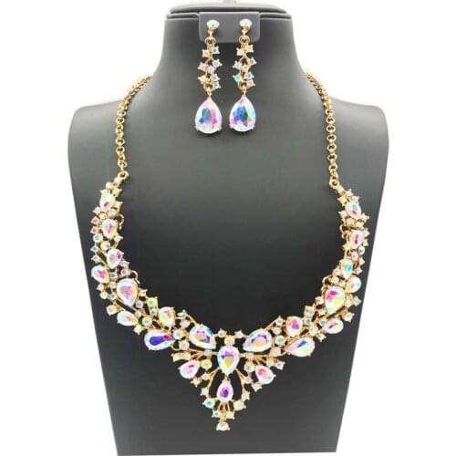 Fashion luxury crystal necklace earrings women wedding party dress set jewelry
