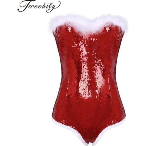 New Year Christmas Costumes for Womens Sexy Santa Cosplay Costumes Off Shoulder Back Lace Up Lingerie Teddy Bodysuit Club Wear