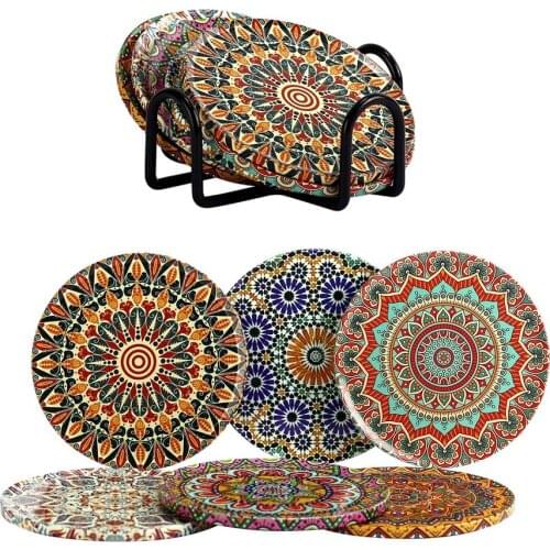 6 Pcs Ceramic glaze Coasters Decorative Mandala with Metal Stand Heat Resistant Wooden Best Gift Turkish Traditional Design