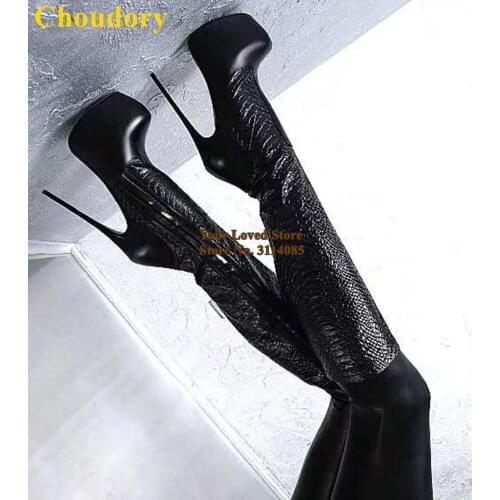 Choudory Black Snakeskin Knee High Boots Sky-high Thin Heels Platform Dress Boots Patchwork Women Long Boots Fall Winter Shoes