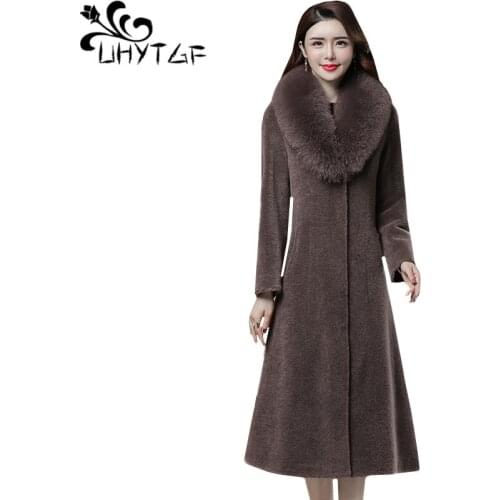 UHYTGF Granule sheep sheared coat female quality fox fur collar winter fur coat Casual 4XL plus size jacket slim long coats 408