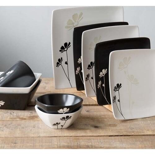 Hand-painted Daisy ceramic tableware black and white square plate square dish household hexagonal small rice bowl square bowl