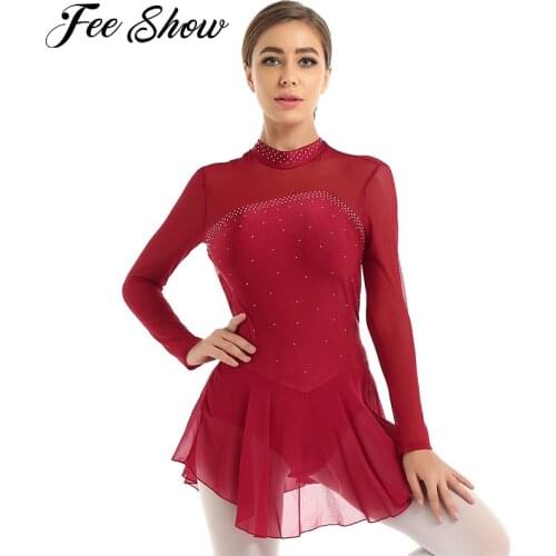 Women Adults Ballet Leotard Dress Dancewear Mesh Long Sleeves Keyhole Back Roller Skating Figure Ice Skating Dress Chiffon Skirt