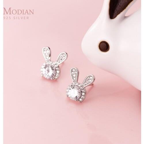 Modian Sparling AAA Zircon Cute Rabbit Stud Earring for Women Sterling Silver 925 Animal Ear Studs Wedding Gift Fine Jewelry