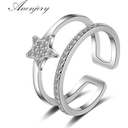 ANENJERY 925 Sterling Silver Dazzling Micro CZ Star Ring For Women Multi-layer Opening Index Finger Rings S-R342