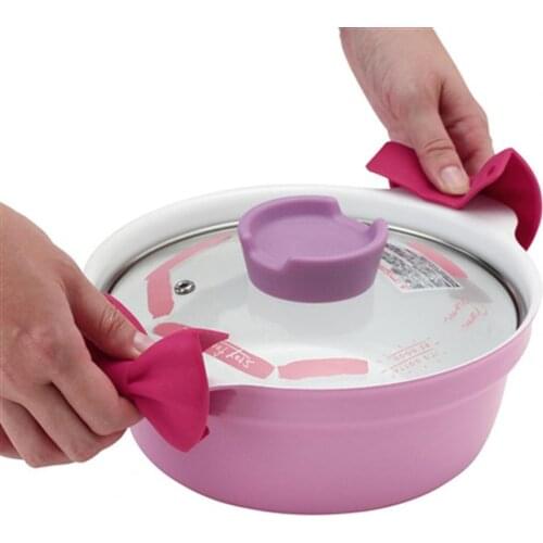 1 Pair Oven Mitt Flexible Non-slip Silicone Heat-insulated Bowknot Pot Holder Glove Clip for Kitchen