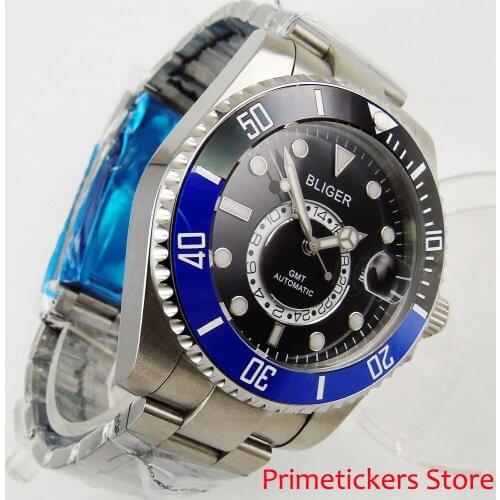 43mm black dial ceramic bezel luminous marks stainless steel strap date GMT automatic movement mens watch