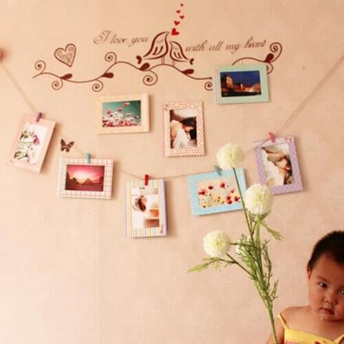 Home Art Wall 8pcs set 6" Hanging Photo Picture Frames + Wood Clips & Rope