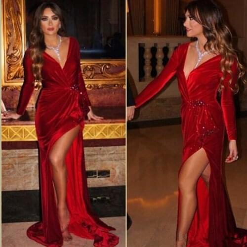 Velvet Evening Dresses V-Neck Appliques Beaded Sexy Side Split Long Sleeves Long Red Prom Dress Party Gown Dubai Morocco Kaftan