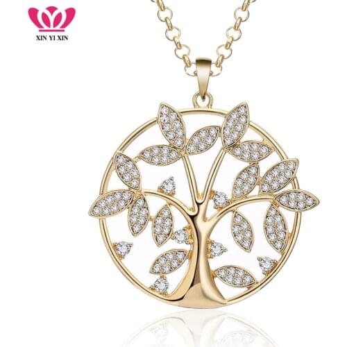 Big Round Tree Of Life Gold Necklaces & Pendants For Women Color Rose Gold Color Crystal Leaves Tree Statement Jewelry Gift