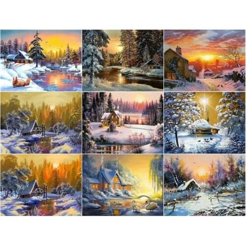Tree winter landscape diamond painting snow cottage mosaic art picture embroidery cross stitch stones picture puzzle wall decor