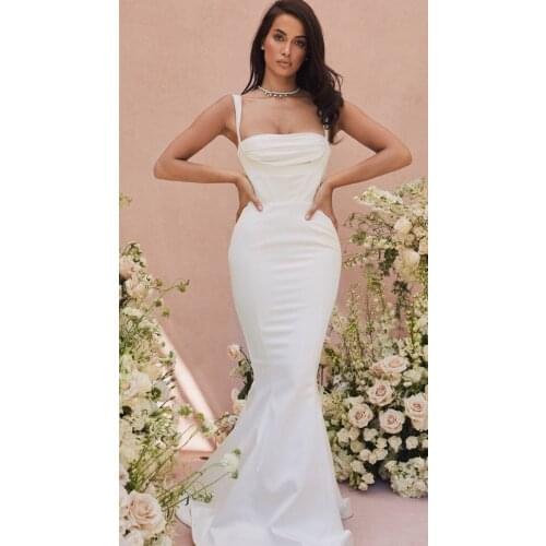 Elegant Long Spaghetti Straps Mermaid Wedding Dresses Pleated Zipper Back Stretchy Satin Robes De Mariée Bridal Gown For Women