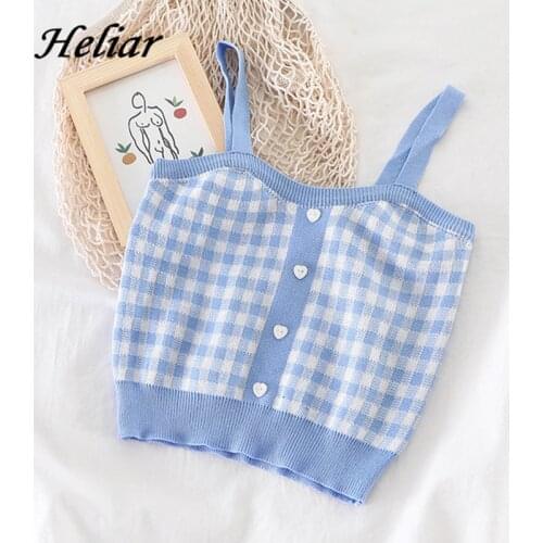 HELIAR Women Plaid Crop Tops Sleeveless Knitted Crop Tops Female Button Up Straps Camisoles Cute Tops For Women 2021 Summer